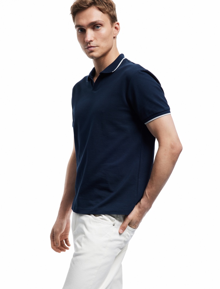  Kontrast Detaylı Pamuklu Pike Kumaş Kısa Kollu Slim Fit Polo Yaka Tişört