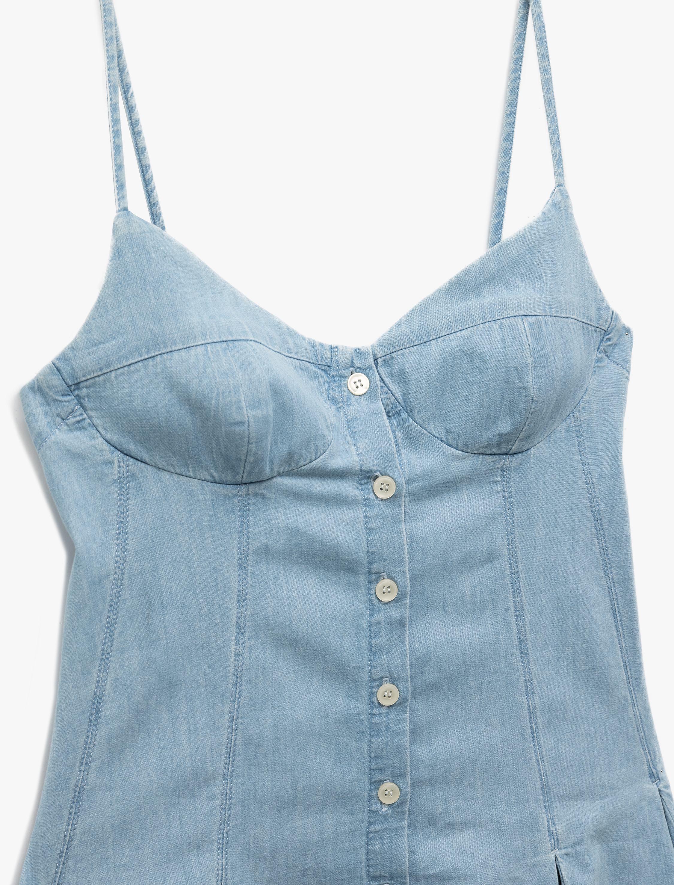   Kalp Yaka İp Askılı Düğmeli Pileli Mini Denim Elbise