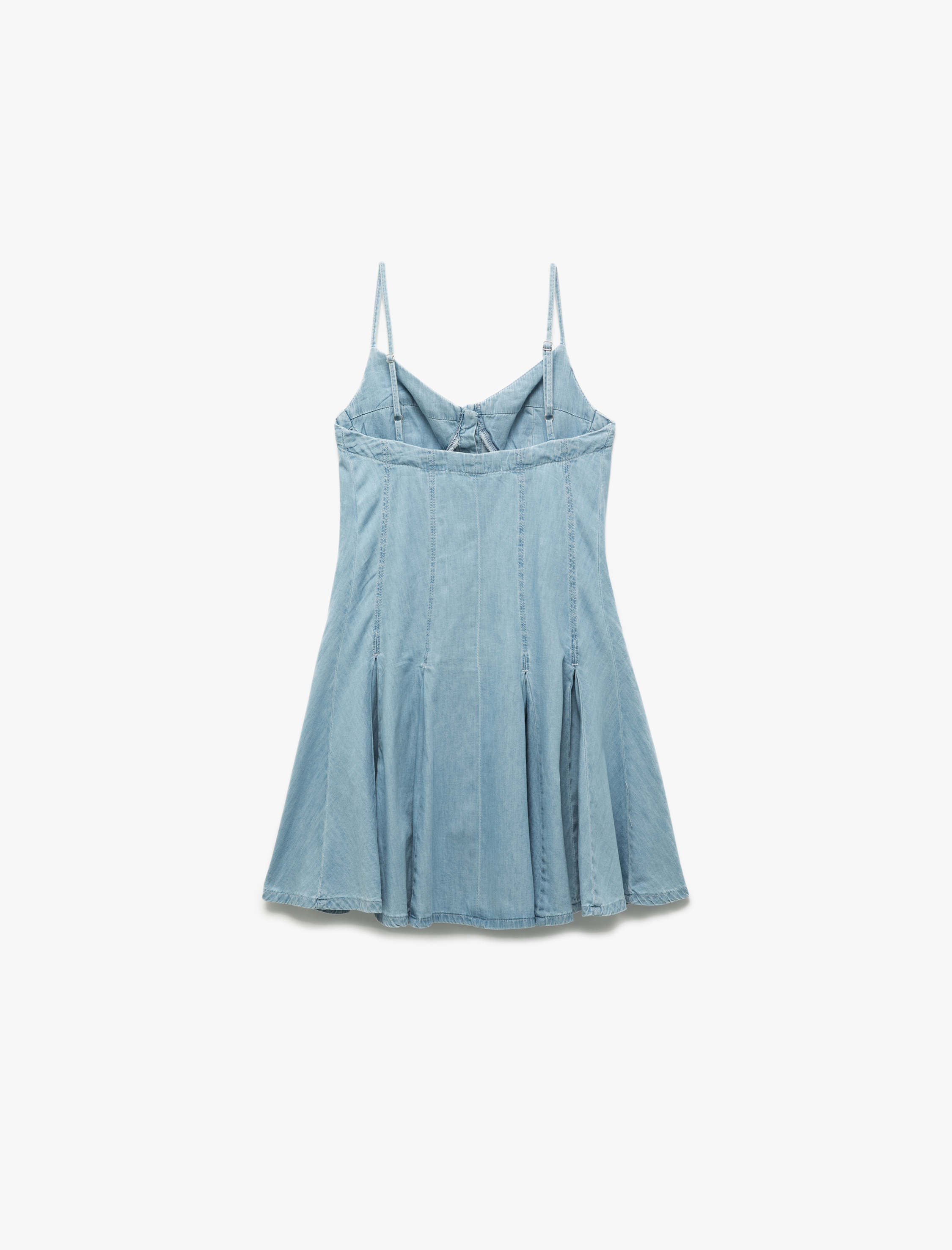   Kalp Yaka İp Askılı Düğmeli Pileli Mini Denim Elbise