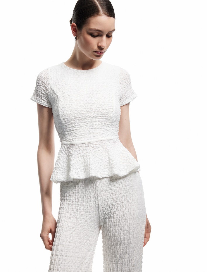  Bürümcük Kumaş Dokulu Kısa Kollu Bisiklet Yaka Peplum Bluz