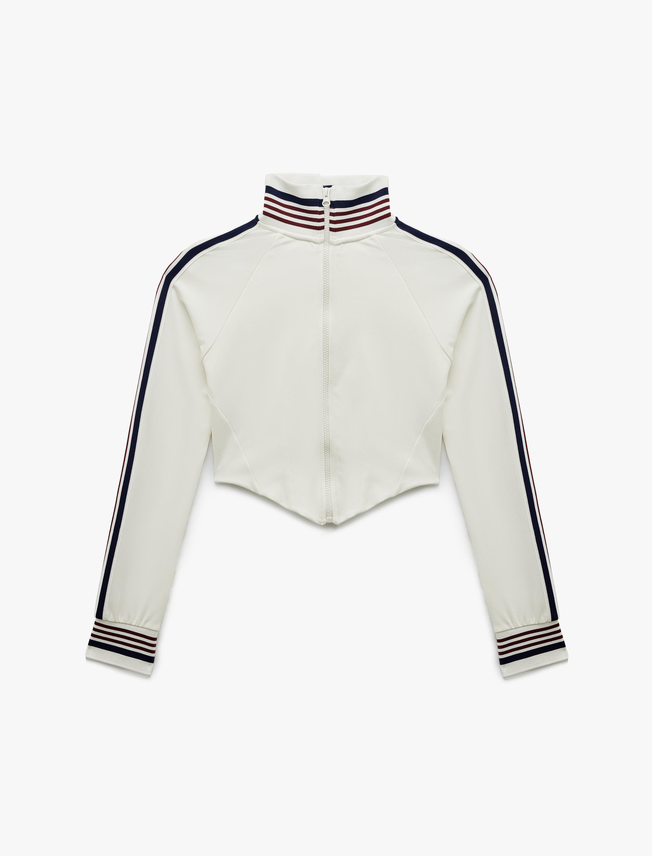   Dik Yaka Çizgili Uzun Kollu Fermuarlı İnterlok Asimetrik Spor Sweatshirt
