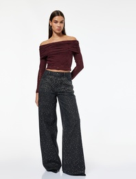 Normal Bel Bol Paça Taşlı Jean Pantolon - Loose Straight Fit Jean