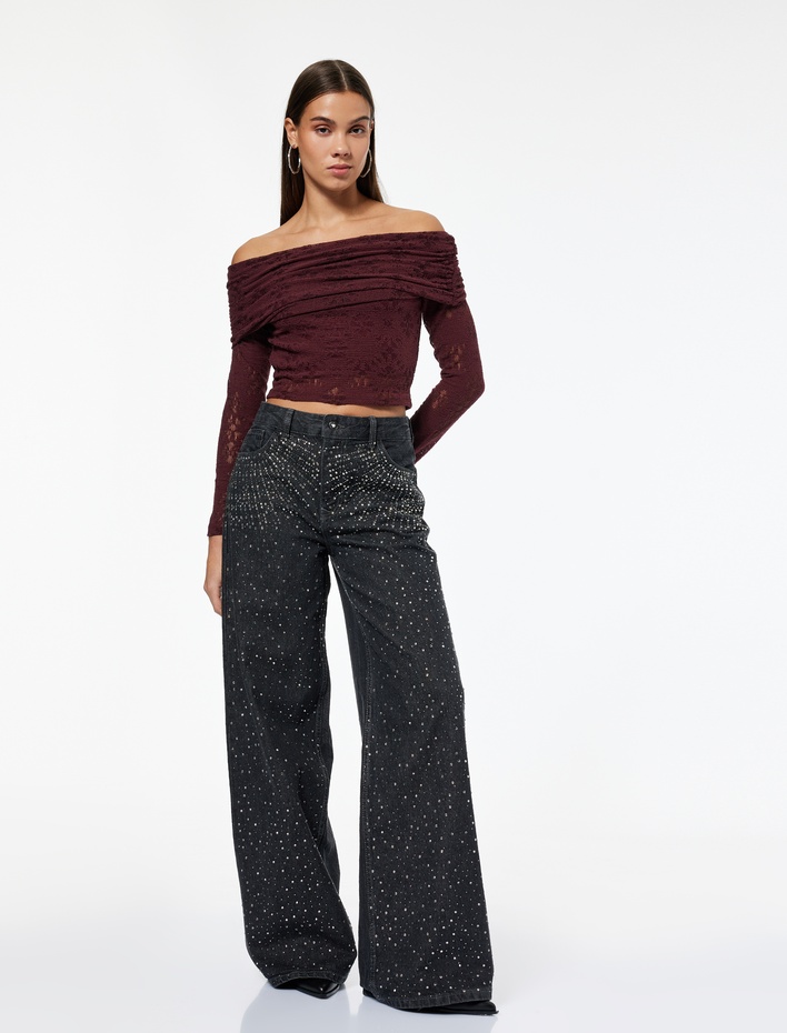  Normal Bel Bol Paça Taşlı Jean Pantolon - Loose Straight Fit Jean