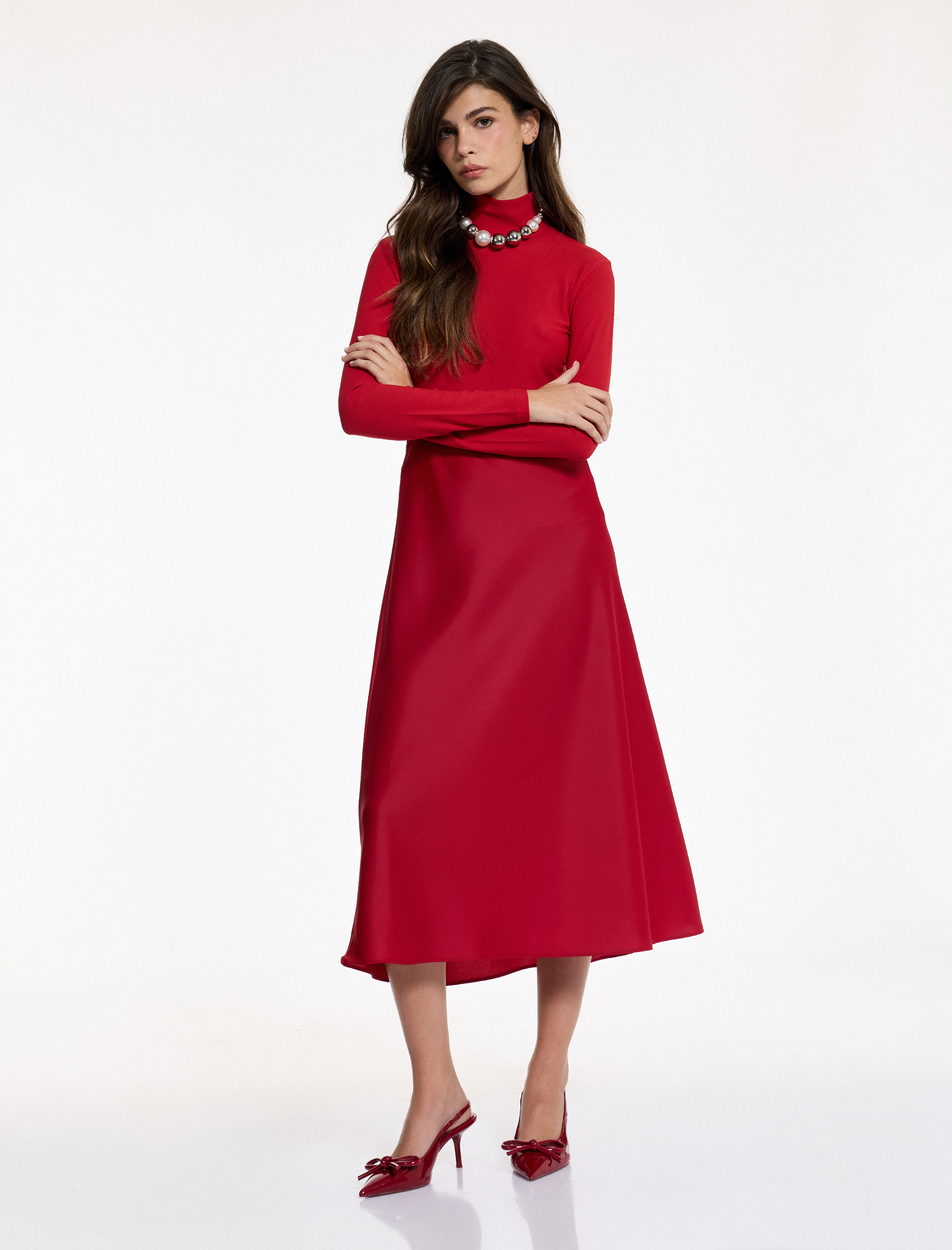   Slim Fit Beli Lastikli Midi Saten Etek