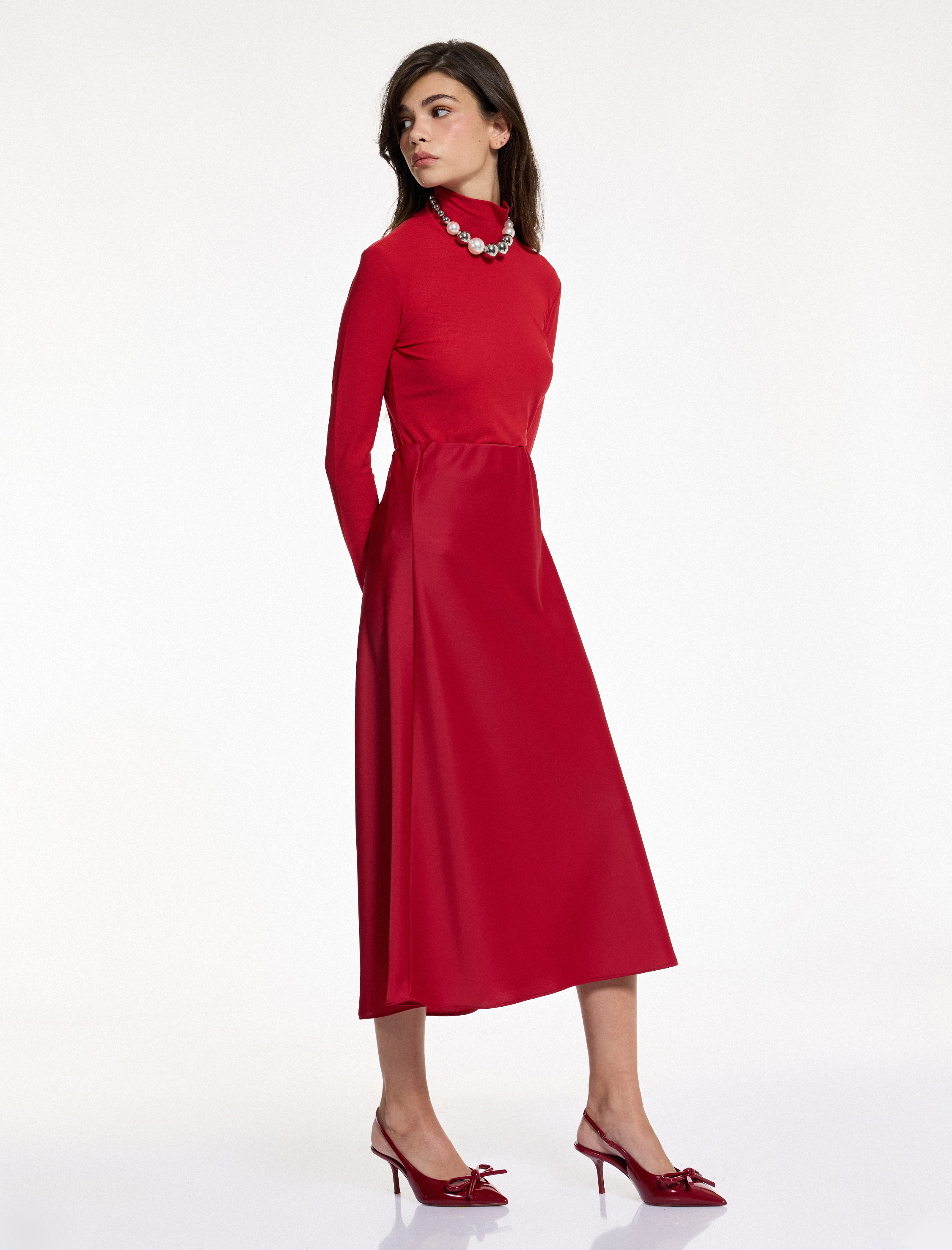   Slim Fit Beli Lastikli Midi Saten Etek