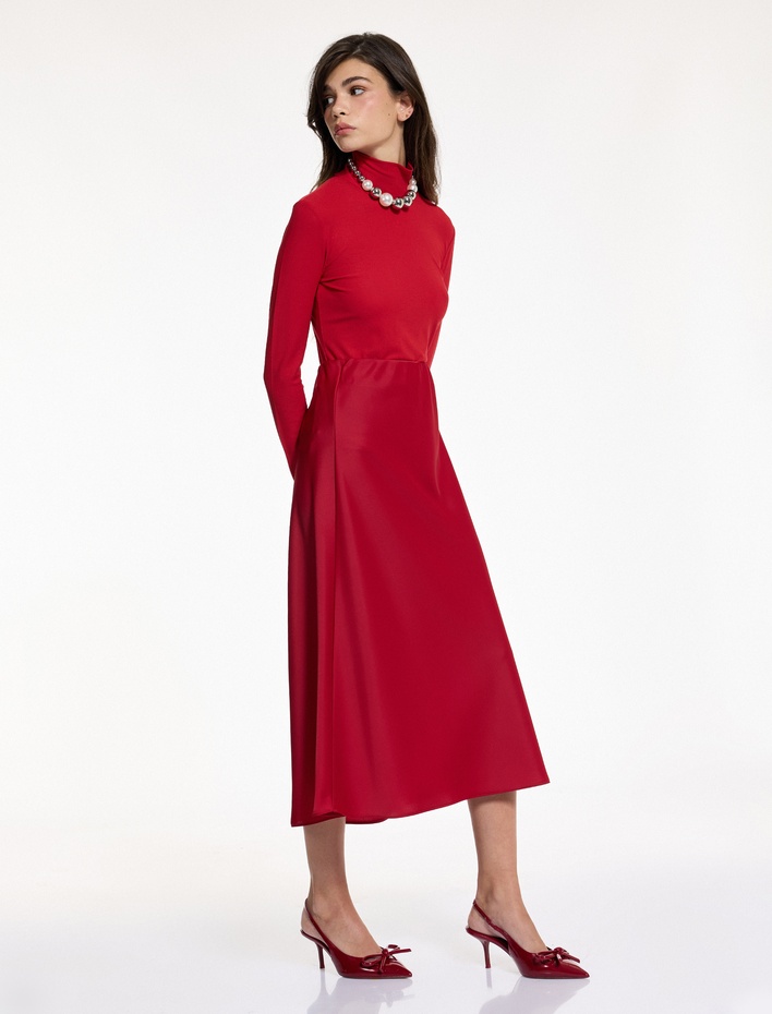  Slim Fit Beli Lastikli Midi Saten Etek