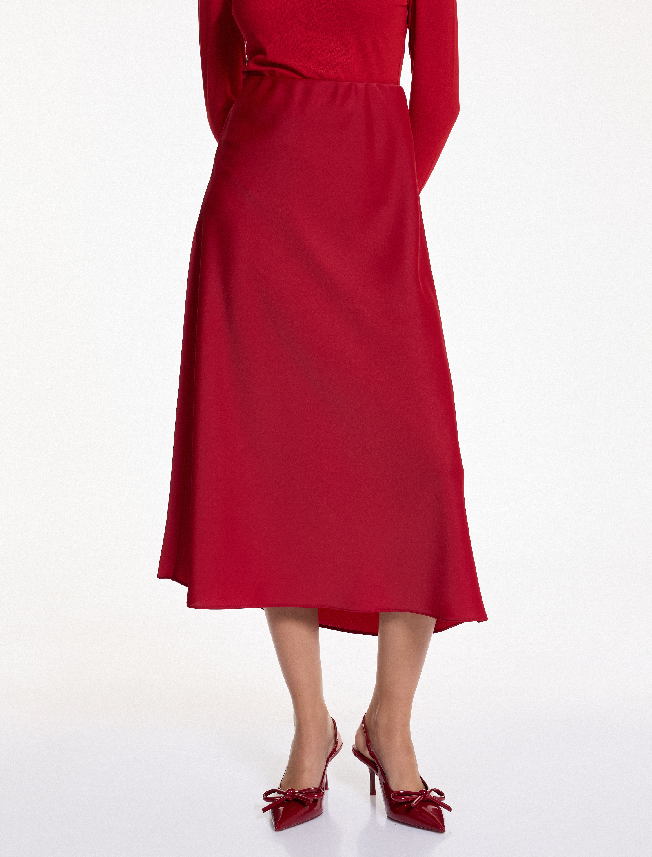   Slim Fit Beli Lastikli Midi Saten Etek