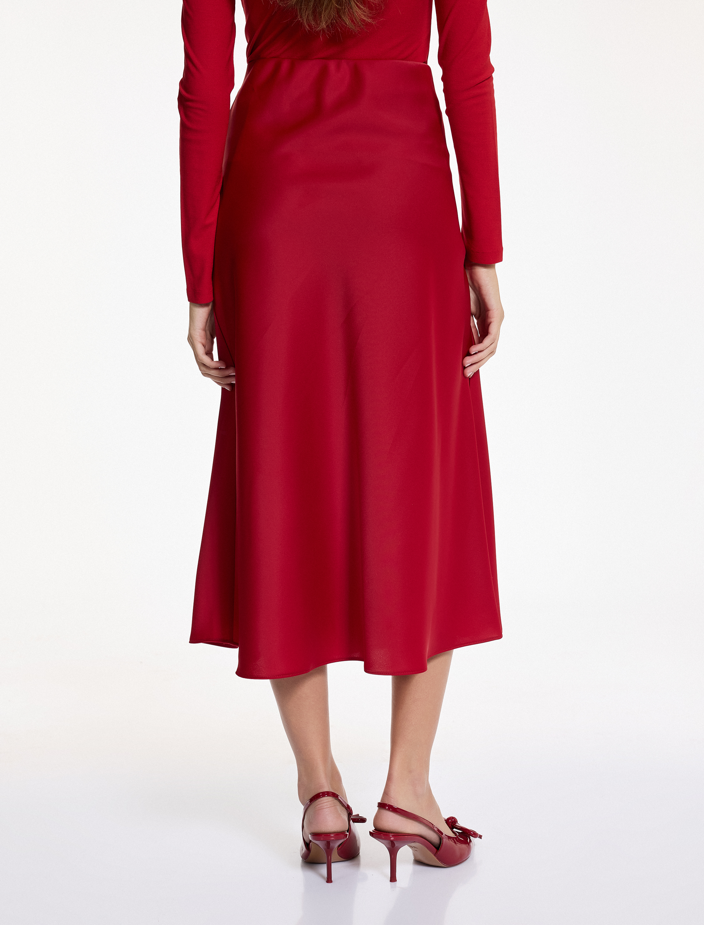   Slim Fit Beli Lastikli Midi Saten Etek