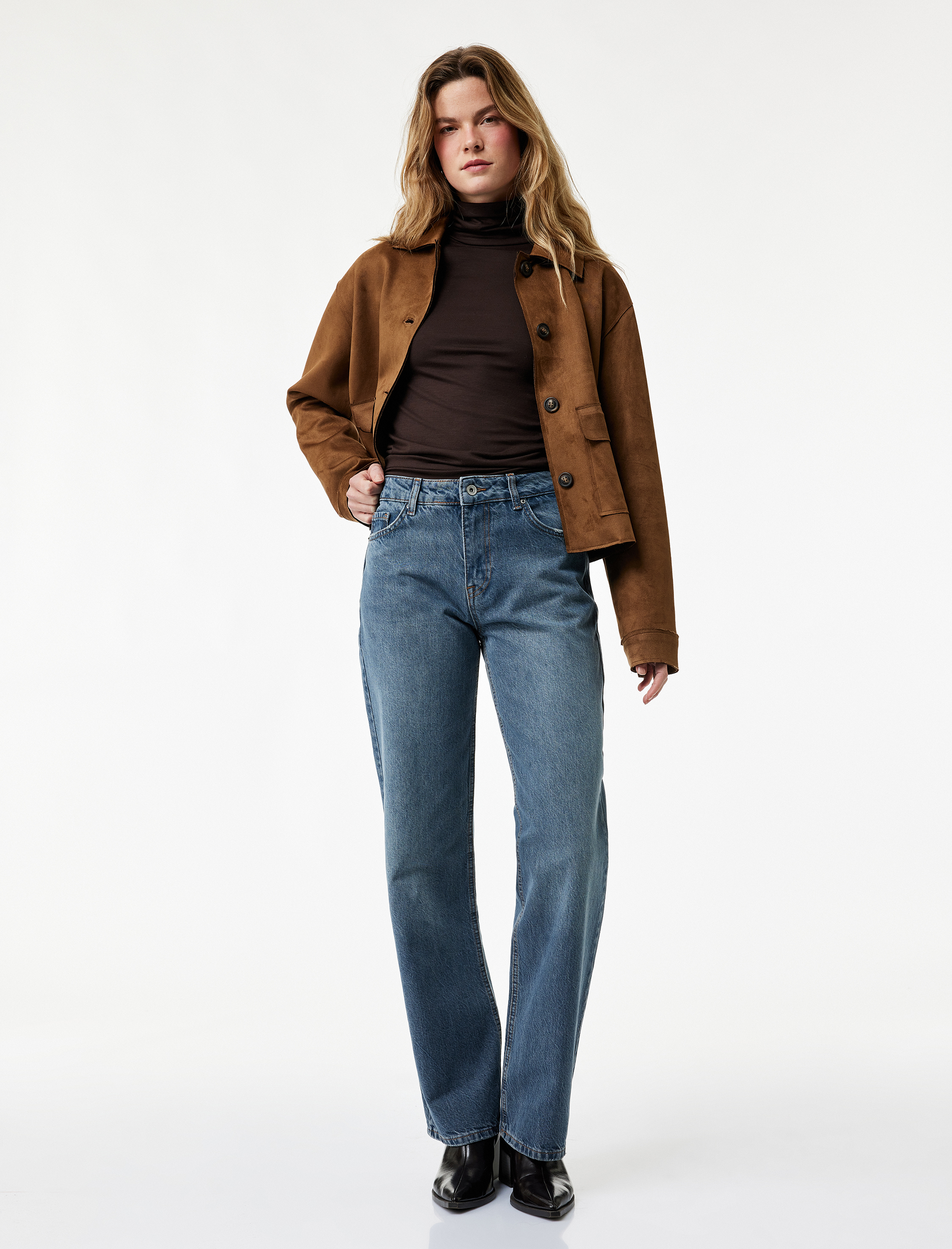   Yüksek Bel Düz Paça Cepli Düğmeli Jean Pantolon - Straight Fit Jean