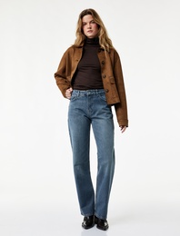 Yüksek Bel Düz Paça Cepli Düğmeli Jean Pantolon - Straight Fit Jean