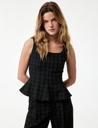 Kare Yaka Kolsuz Ekose Peplum Bluz