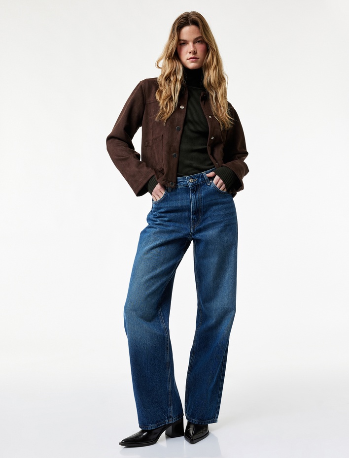  Pamuklu Cepli Düğmeli Normal Geniş Paça Jean Pantolon - Baggy Jeans