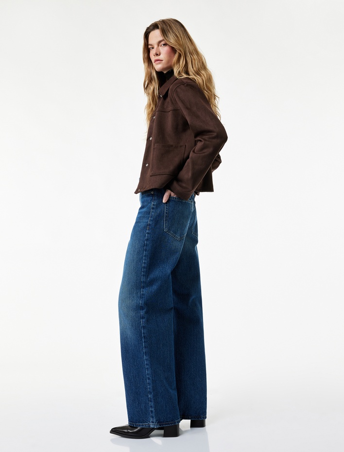  Pamuklu Cepli Düğmeli Normal Geniş Paça Jean Pantolon - Baggy Jeans