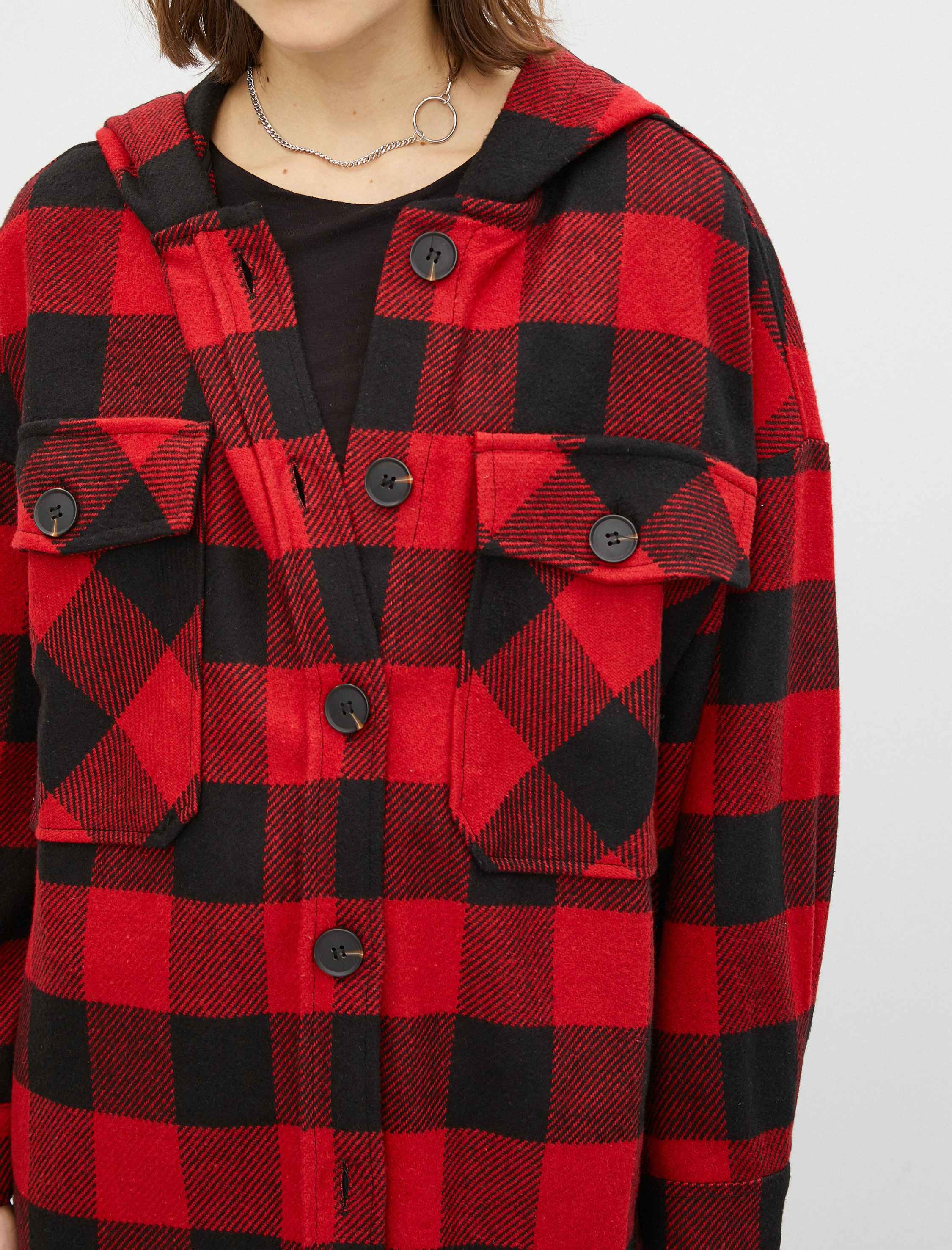   Kapüşonlu Oversize Ekose Ceket