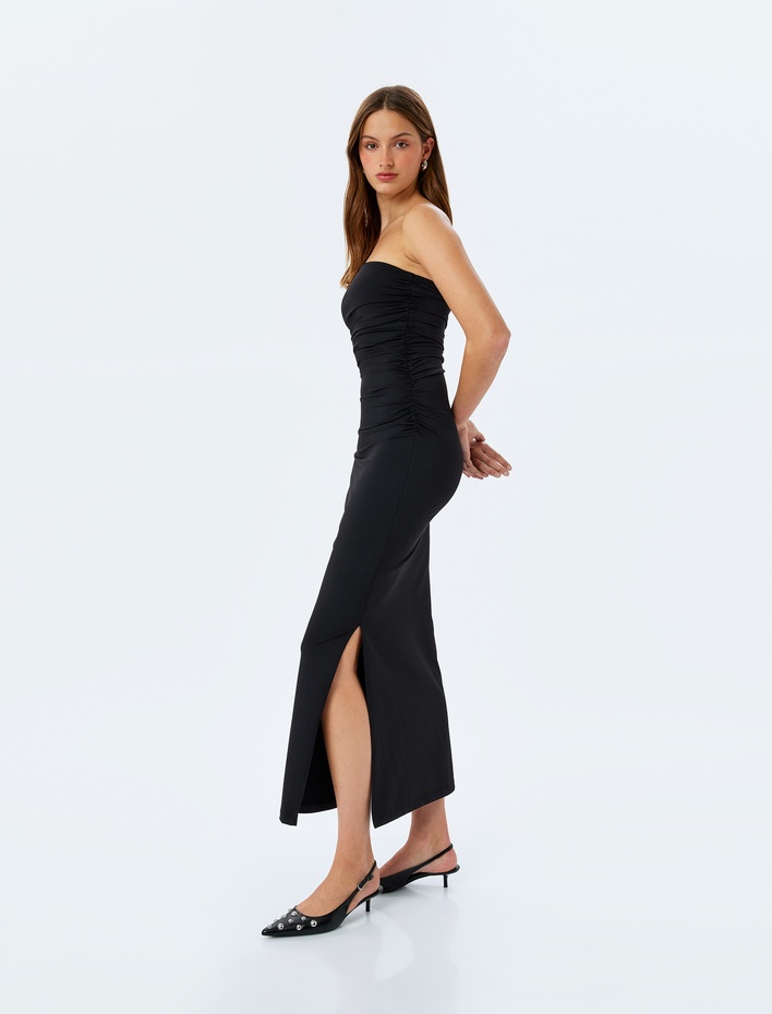  Slim Fit Drapeli Midi Boy Straplez Elbise