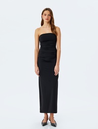 Slim Fit Drapeli Midi Boy Straplez Elbise