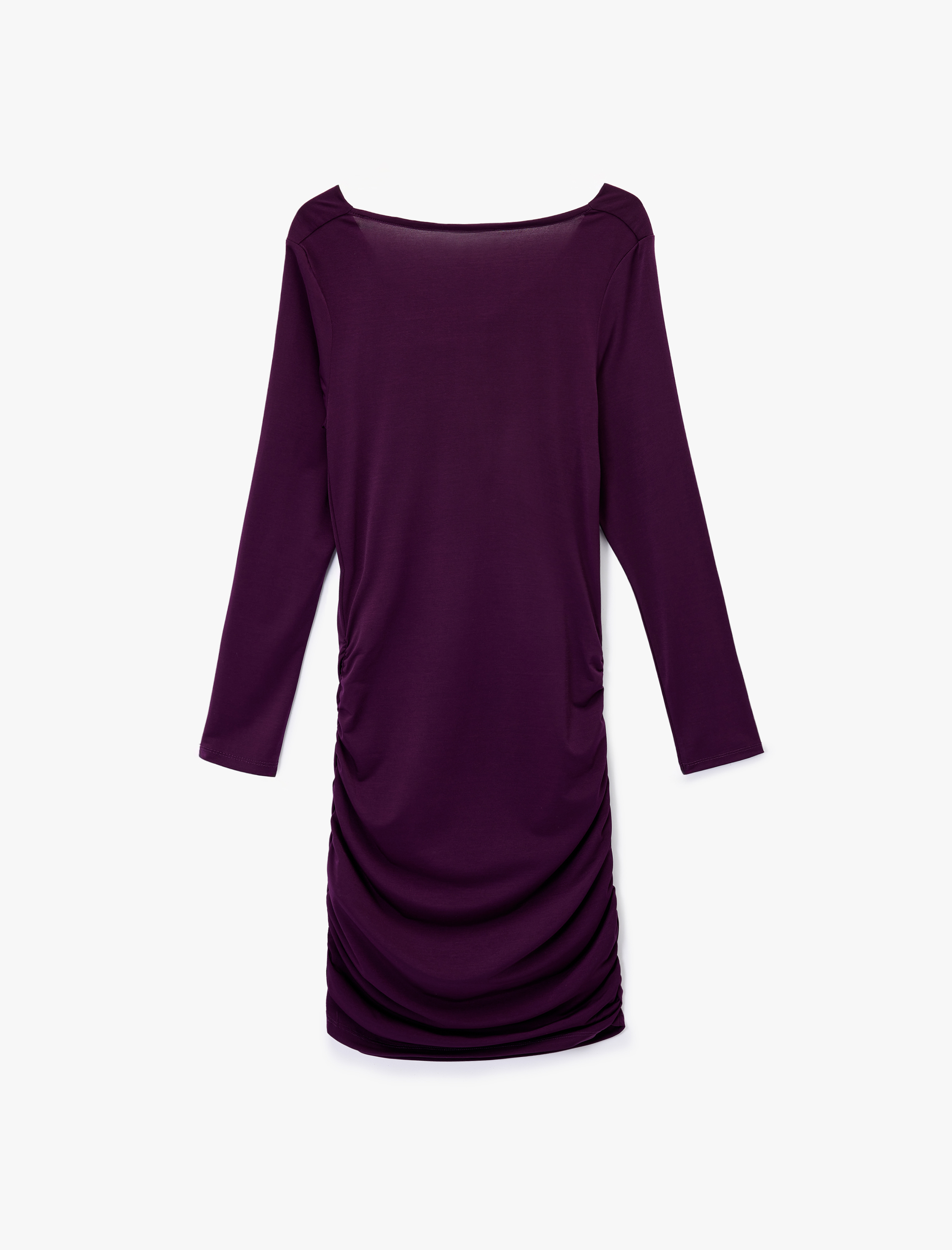   Slim Fit Uzun Kollu Degaje Yaka Drape Detaylı Mini Elbise