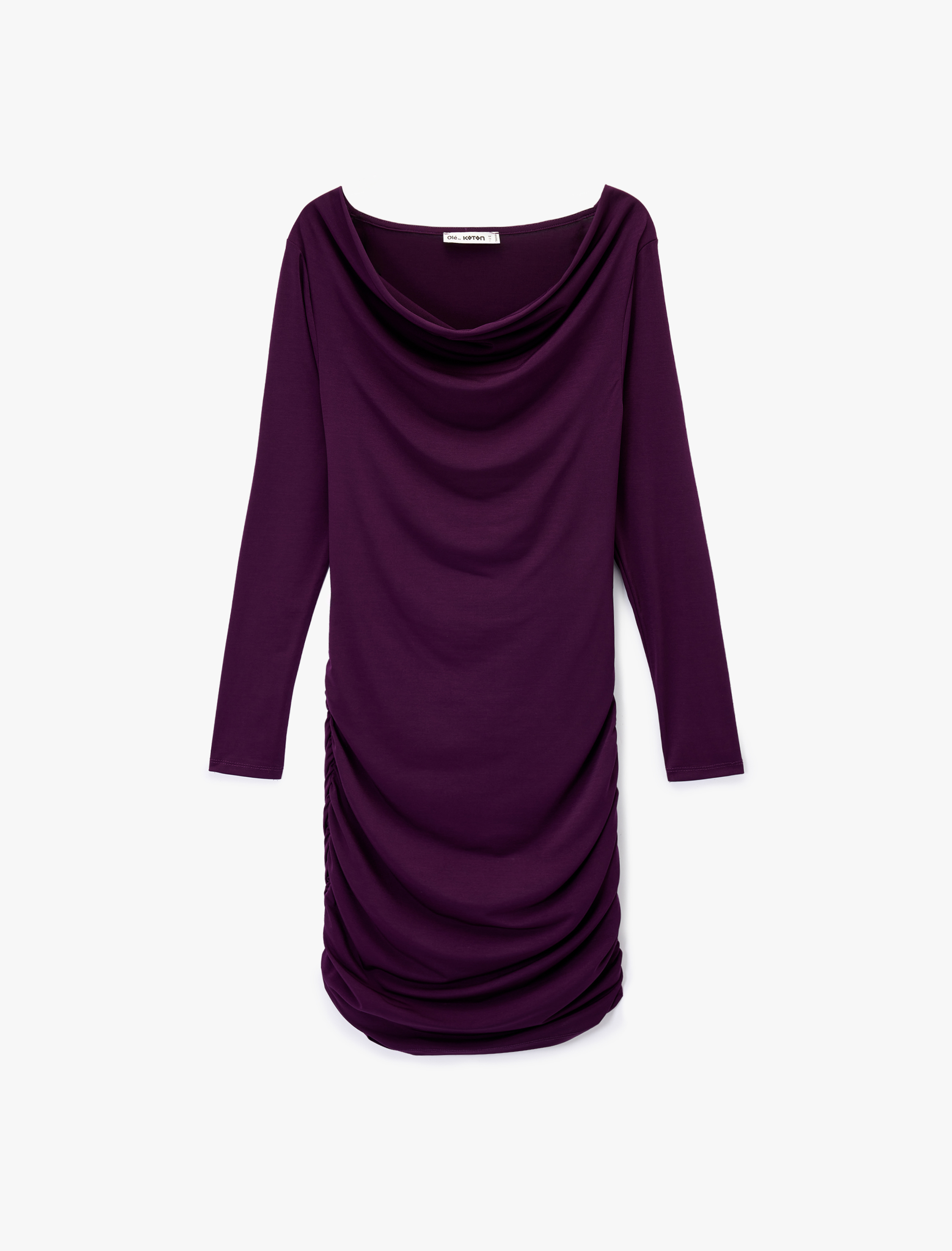   Slim Fit Uzun Kollu Degaje Yaka Drape Detaylı Mini Elbise