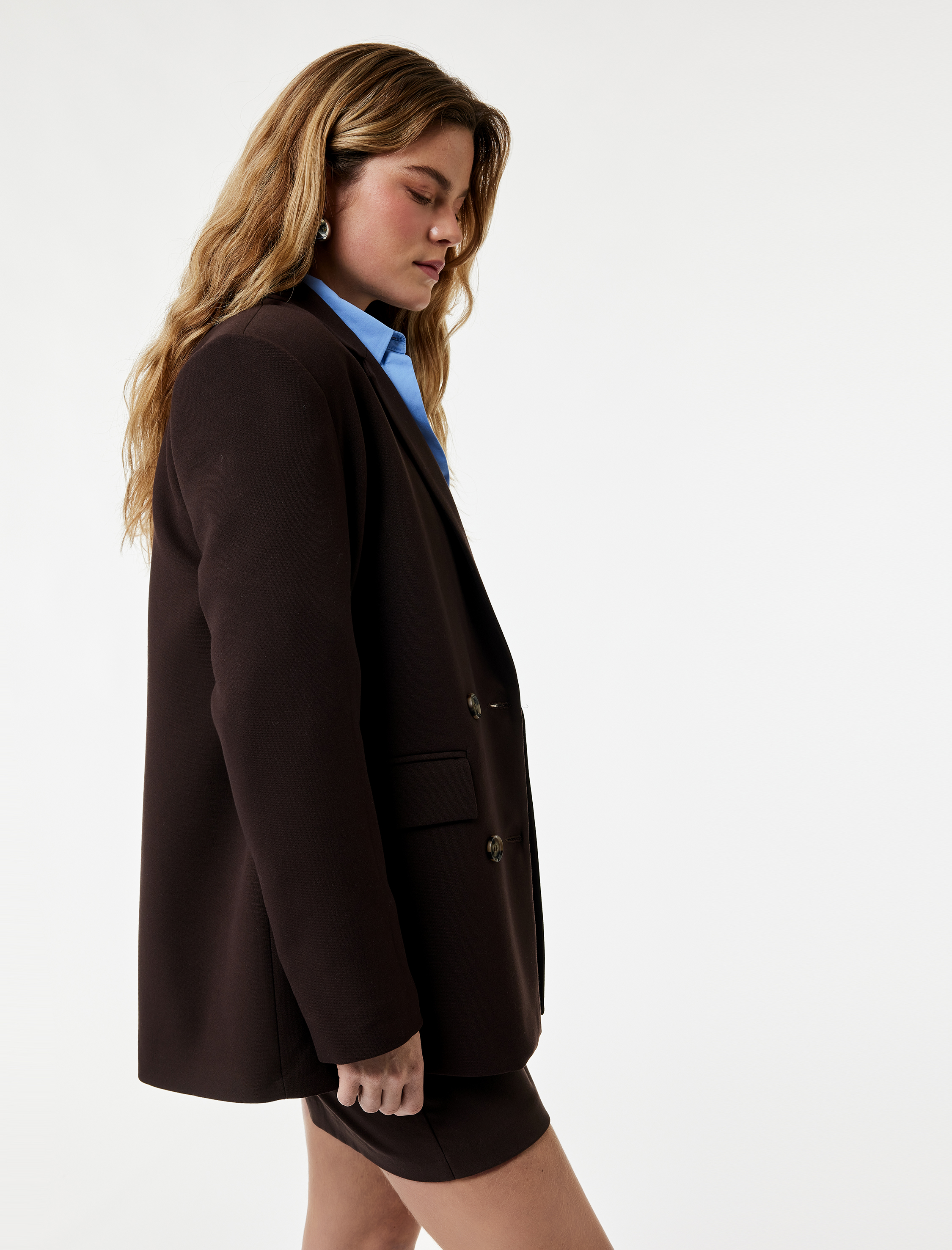   Cepli Uzun Kollu Düğmeli Kruvaze Oversize Blazer Ceket