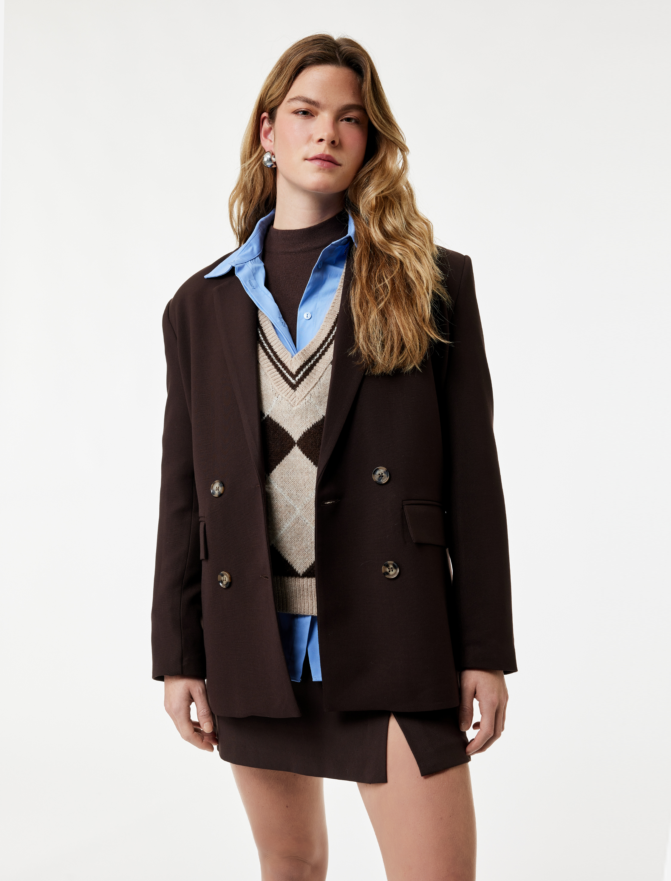   Cepli Uzun Kollu Düğmeli Kruvaze Oversize Blazer Ceket