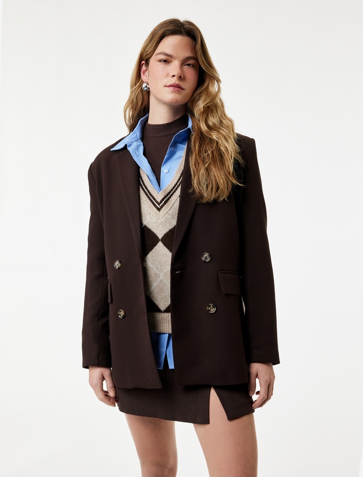  Cepli Uzun Kollu Düğmeli Kruvaze Oversize Blazer Ceket