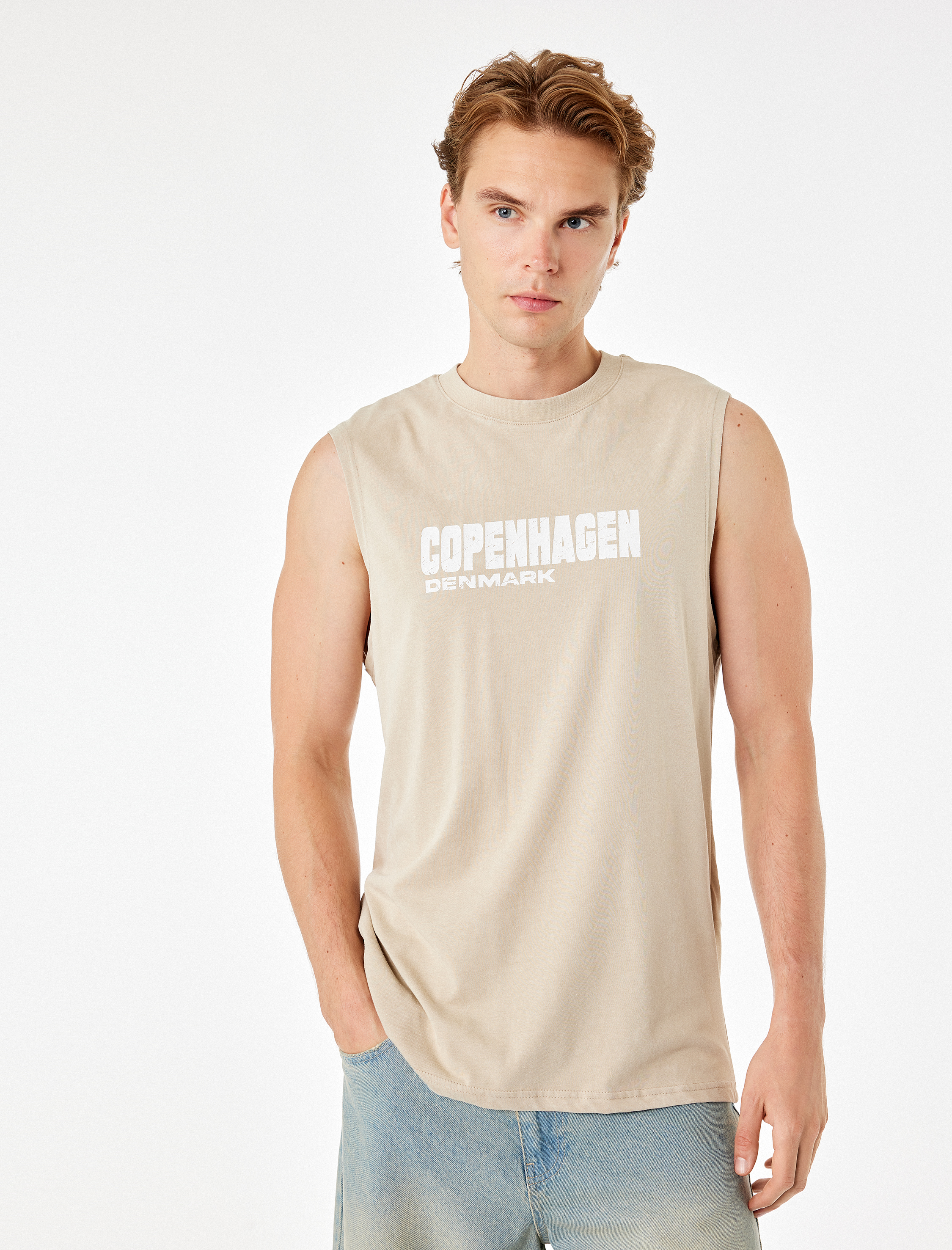   Bisiklet Yaka Pamuklu Baskılı Kolsuz Tişört