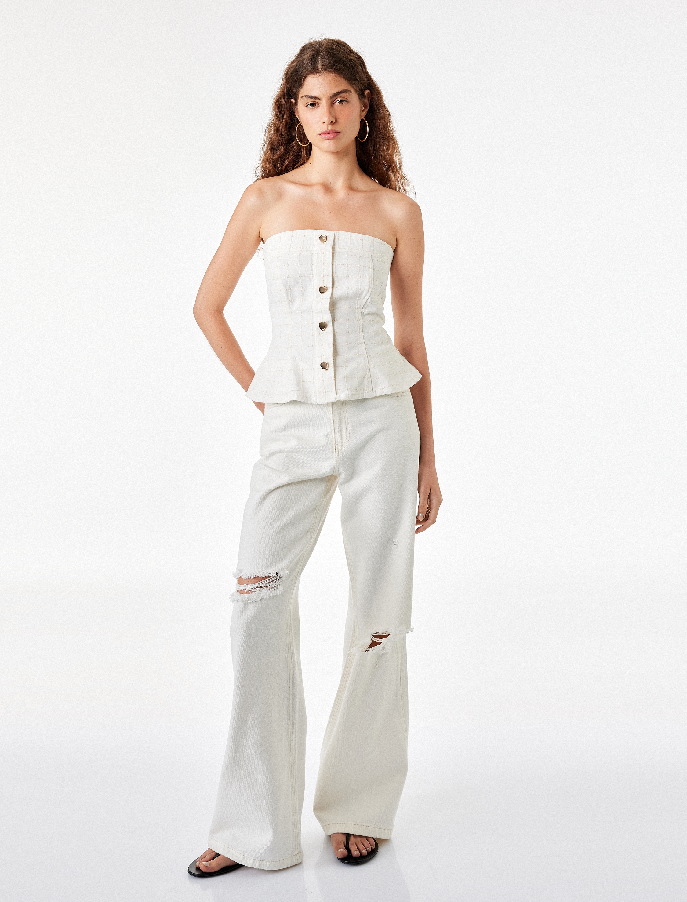   Pamuklu Düğmeli Ekoseli Slim Fit Straplez Korse Bluz