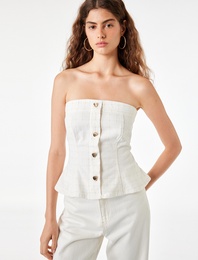 Pamuklu Düğmeli Ekoseli Slim Fit Straplez Korse Bluz