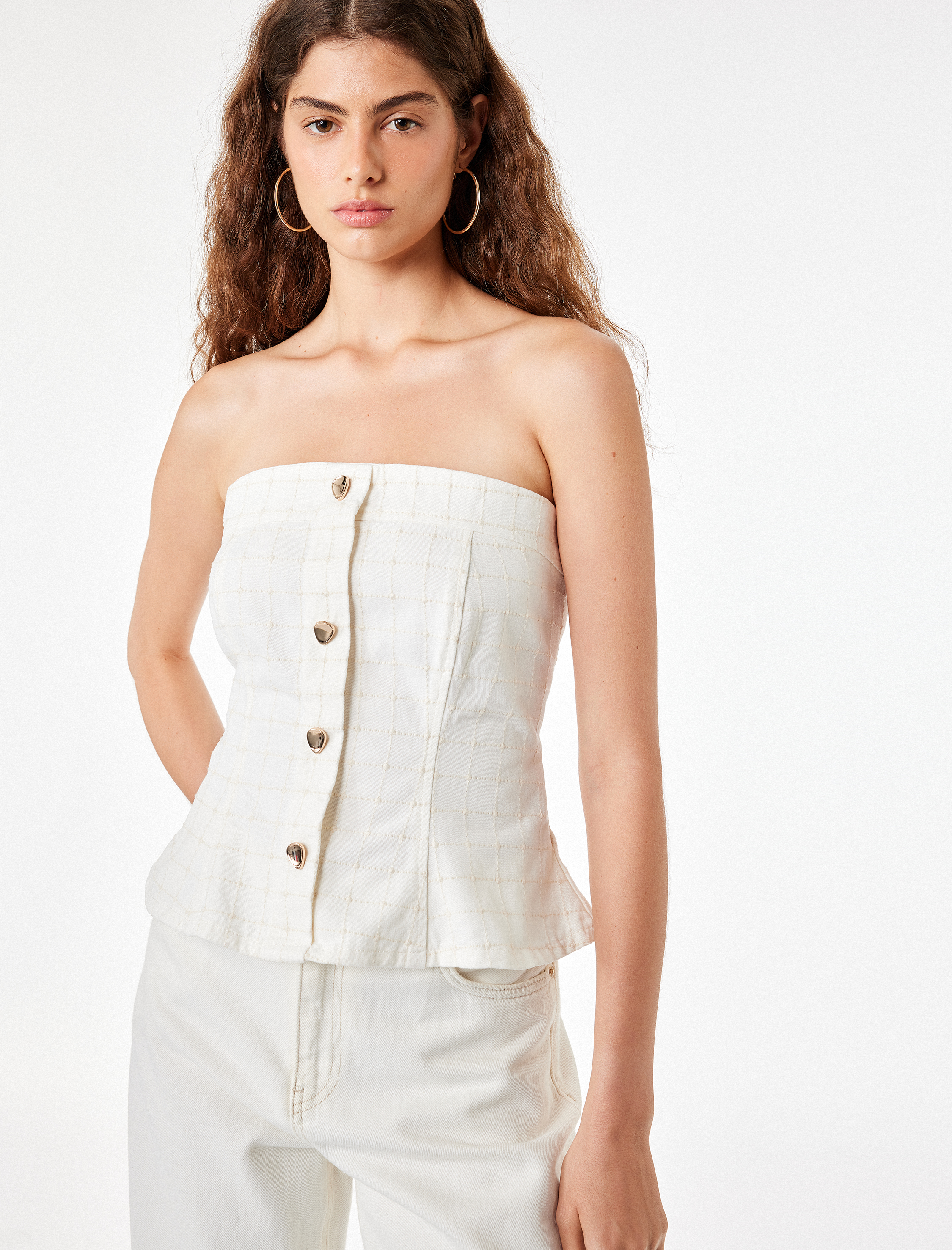   Pamuklu Düğmeli Ekoseli Slim Fit Straplez Korse Bluz