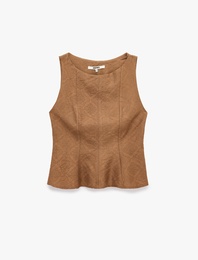Viskon Kumaş Floral Dokulu Kolsuz Bisiklet Yaka Peplum Bluz
