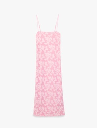Slim Fit Floral Dantel Dokulu İnce Askılı Midi Elbise