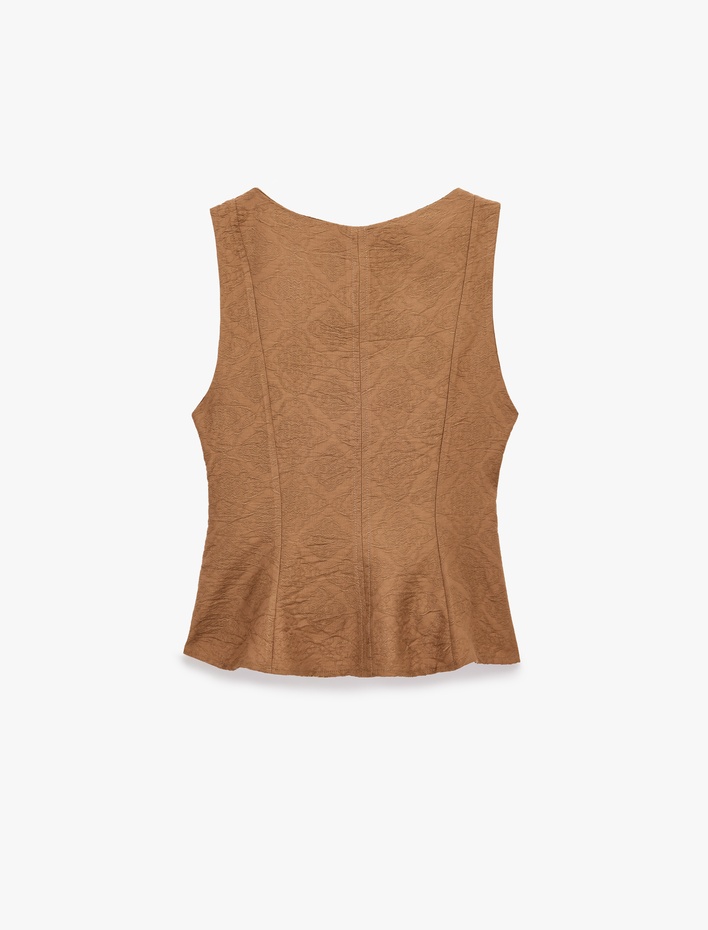  Viskon Kumaş Floral Dokulu Kolsuz Bisiklet Yaka Peplum Bluz