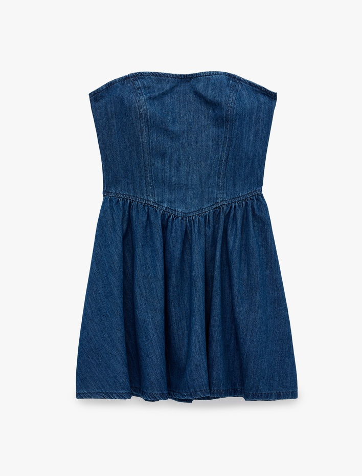  Pamuklu Straplez Kalp Yaka Kolsuz Korse Detaylı Mini Denim Elbise