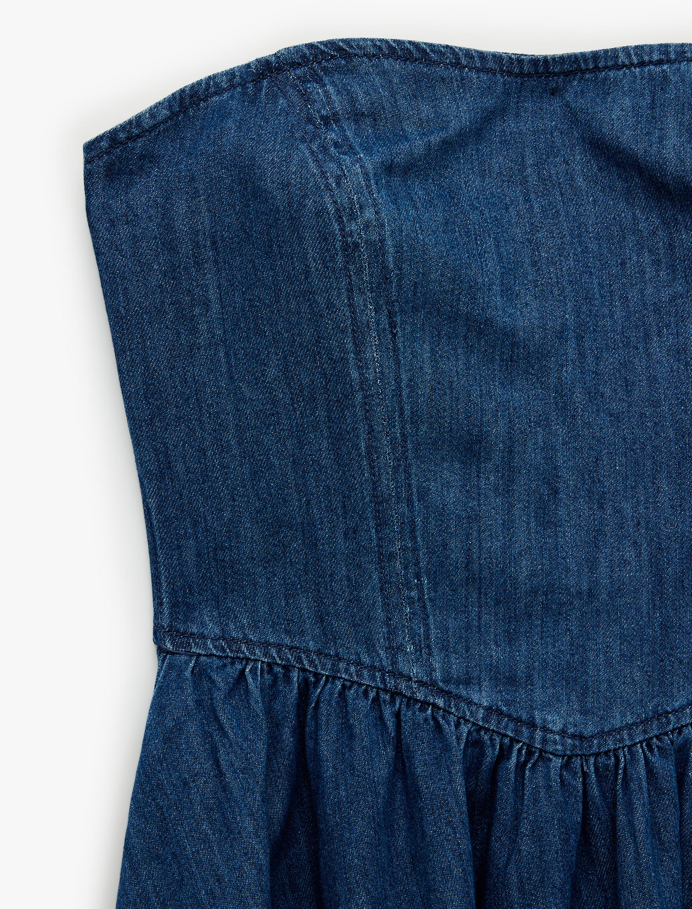  Pamuklu Straplez Kalp Yaka Kolsuz Korse Detaylı Mini Denim Elbise