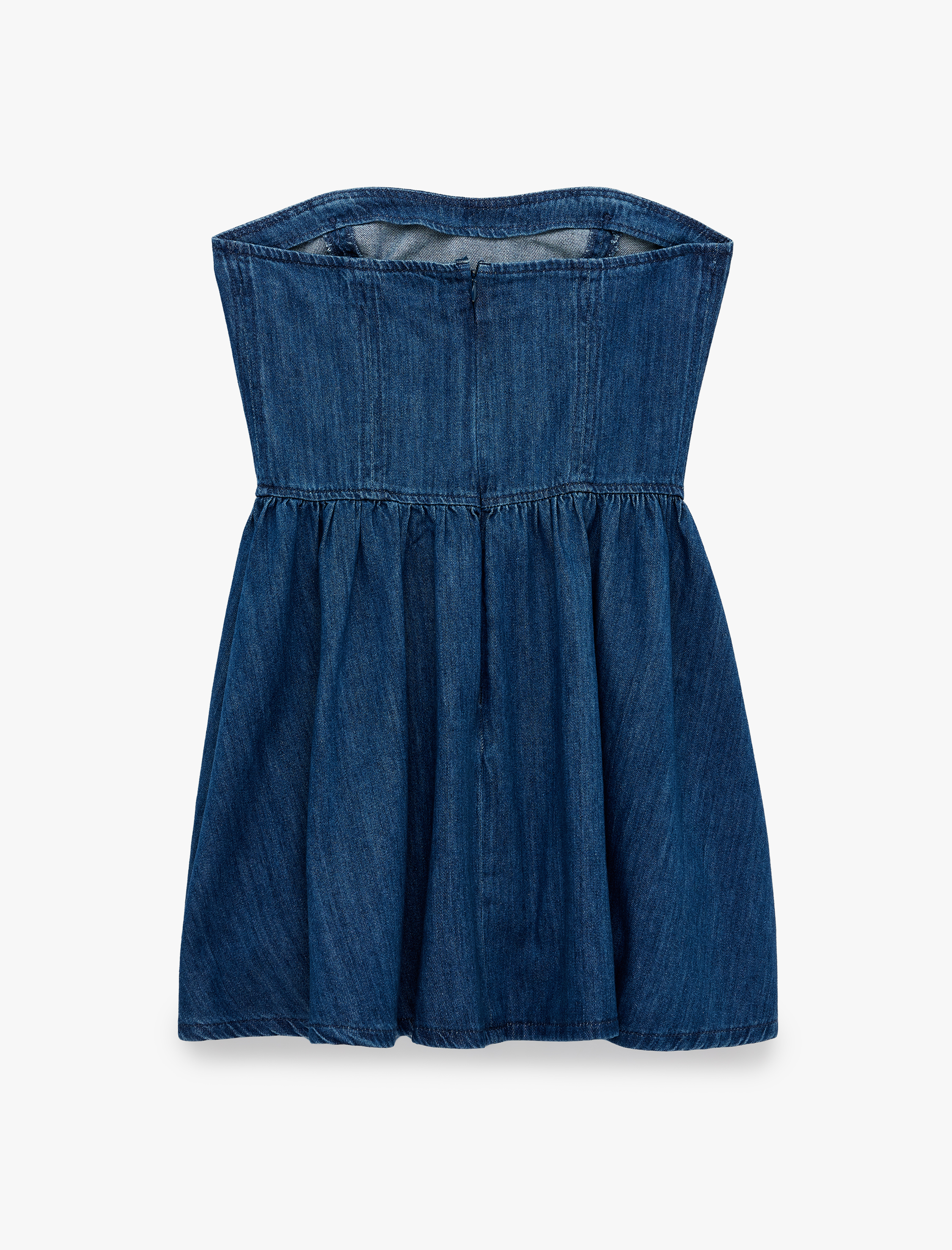   Pamuklu Straplez Kalp Yaka Kolsuz Korse Detaylı Mini Denim Elbise