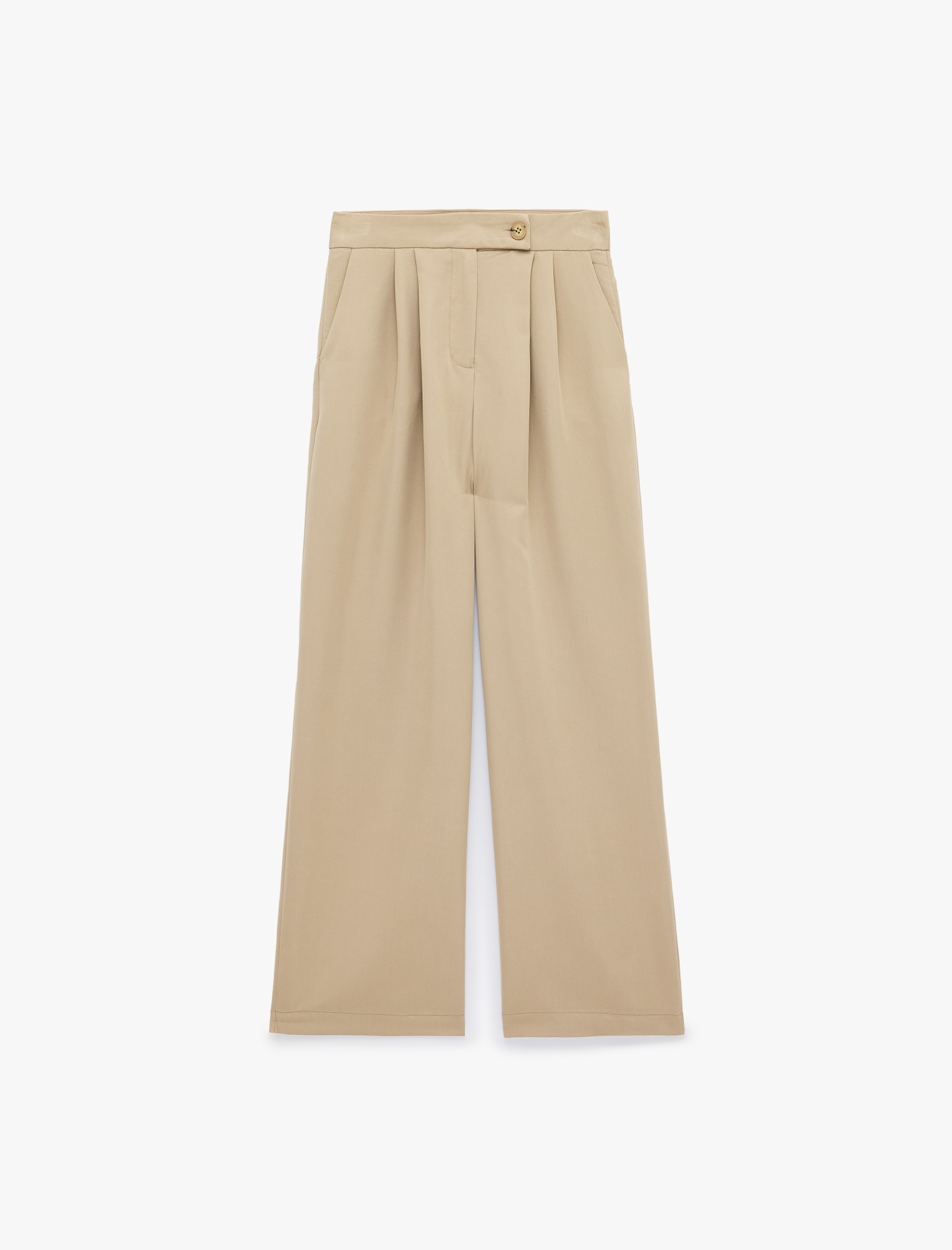   Viskon Cupro Kumaş Straight Fit Cepli Pile Detaylı Düz Bol Paça Pantolon