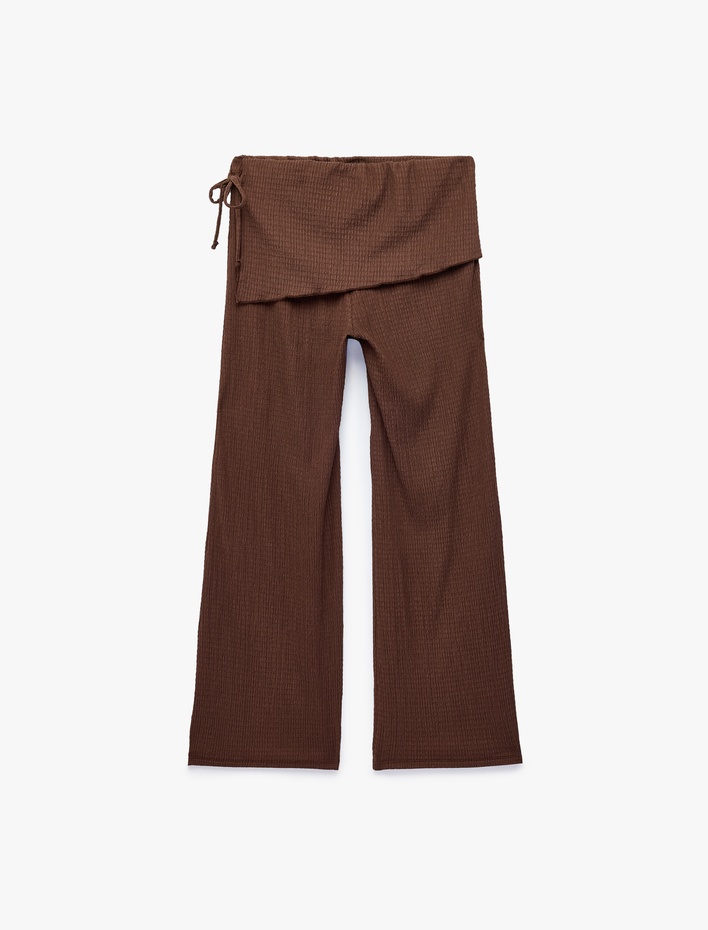  Bürümcük Kumaş Beli Bağcık Detaylı Geniş Paça Etekli Pantolon