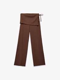 Bürümcük Kumaş Beli Bağcık Detaylı Geniş Paça Etekli Pantolon