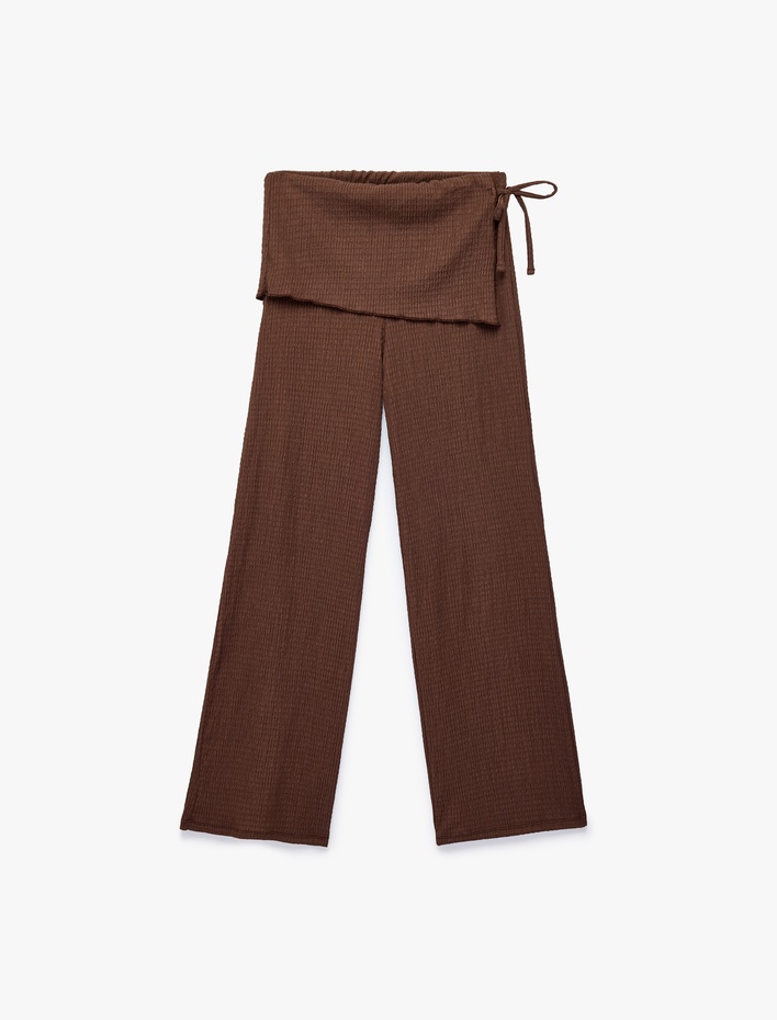 Bürümcük Kumaş Beli Bağcık Detaylı Geniş Paça Etekli Pantolon