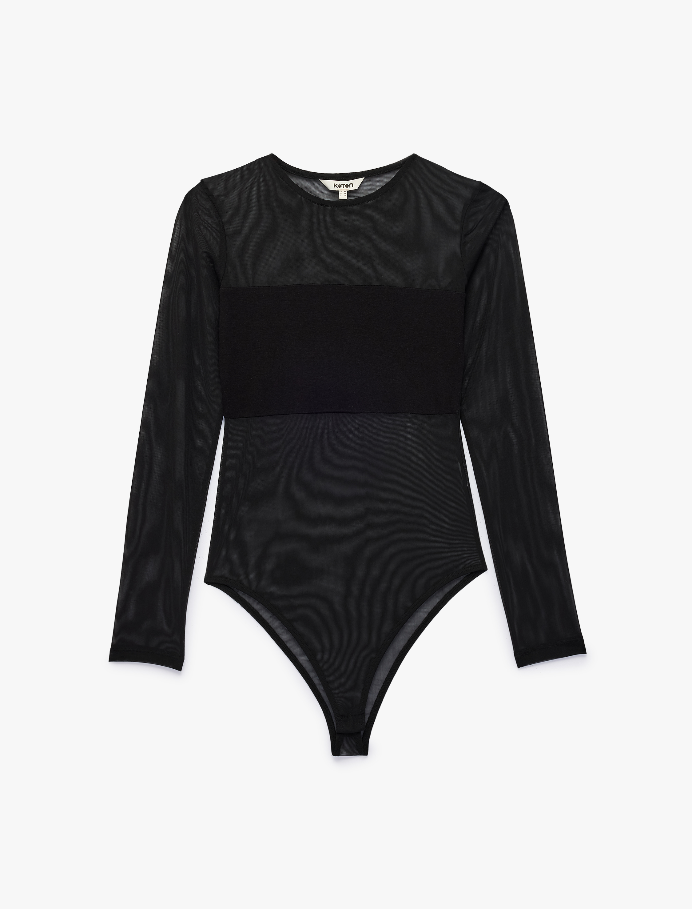   Slim Fit Uzun Kollu Bisiklet Yaka Transparan Tül Bodysuit