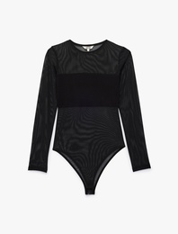Slim Fit Uzun Kollu Bisiklet Yaka Transparan Tül Bodysuit