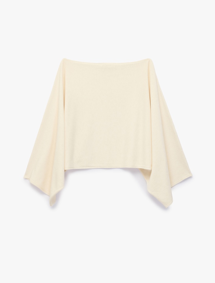  Viskon Karışımlı Slim Fit 3/4 Yarasa Kol Kayık Yaka Crop Kazak