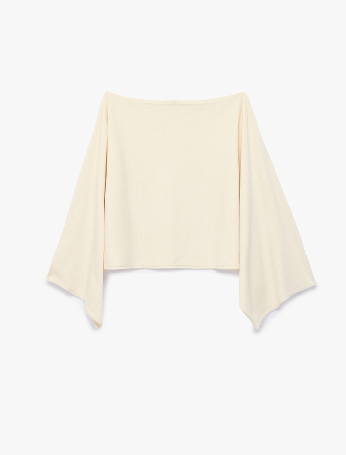  Viskon Karışımlı Slim Fit 3/4 Yarasa Kol Kayık Yaka Crop Kazak
