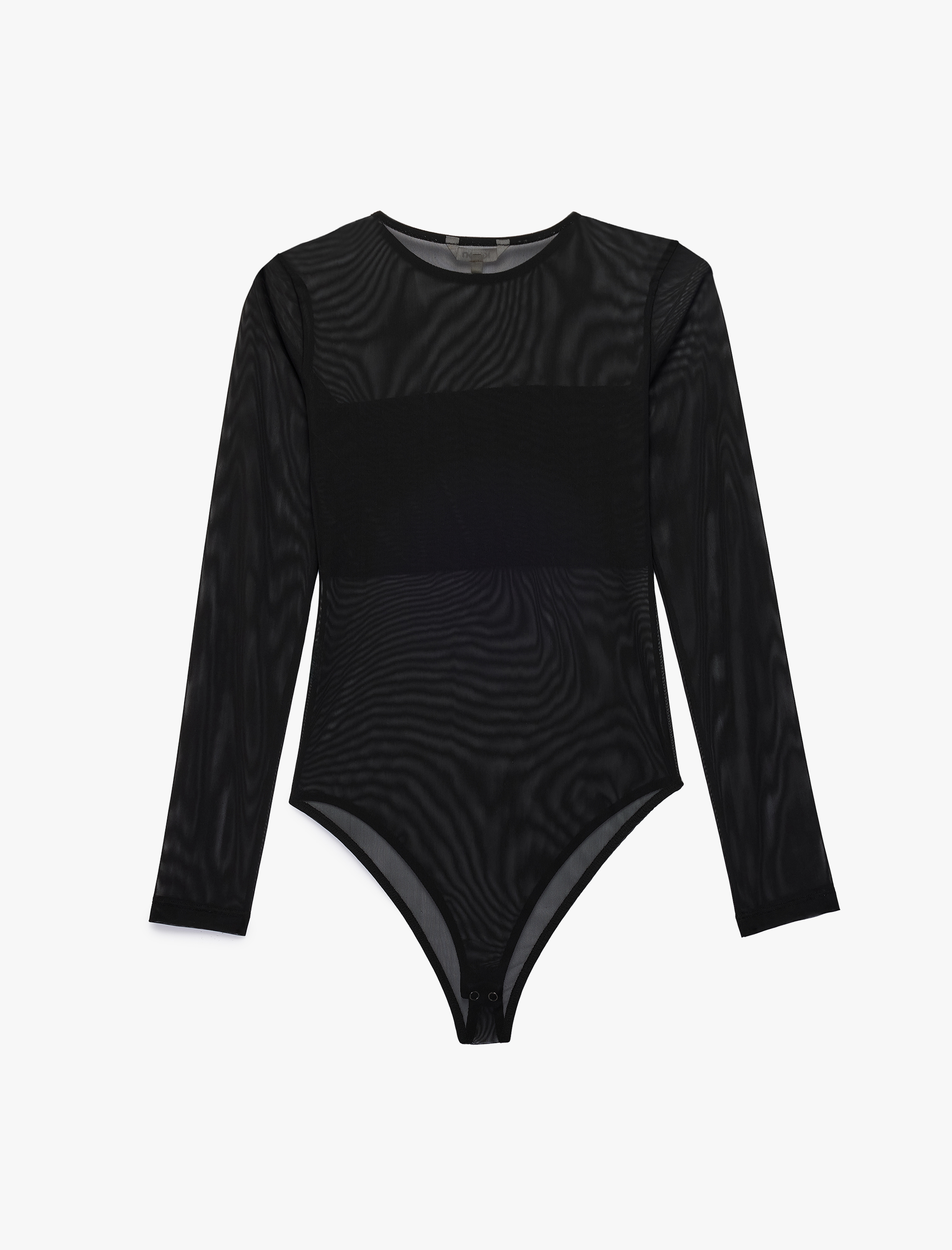   Slim Fit Uzun Kollu Bisiklet Yaka Transparan Tül Bodysuit