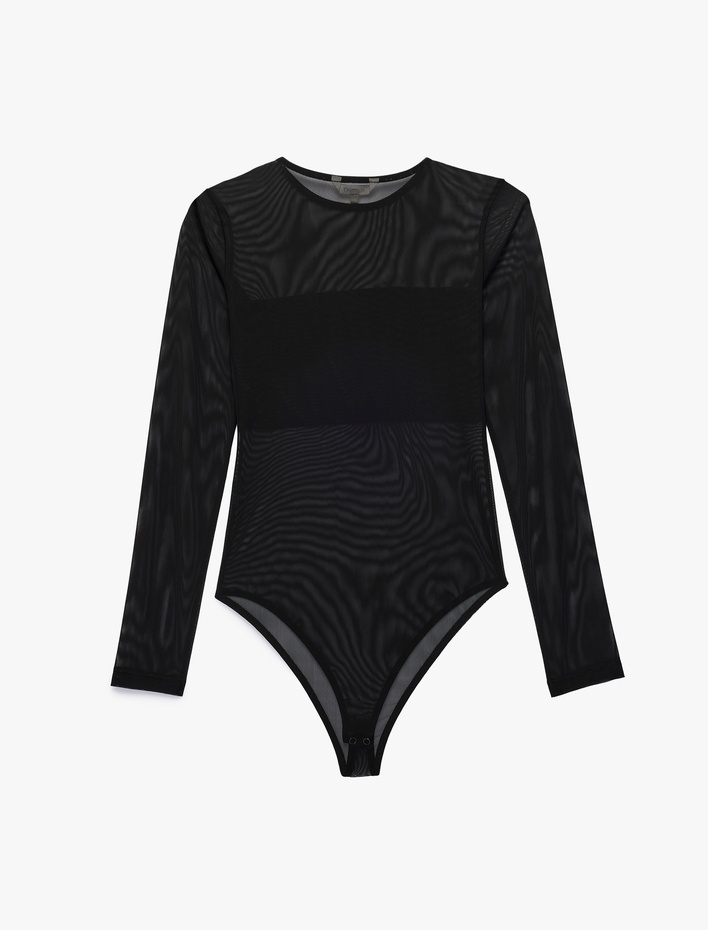  Slim Fit Uzun Kollu Bisiklet Yaka Transparan Tül Bodysuit