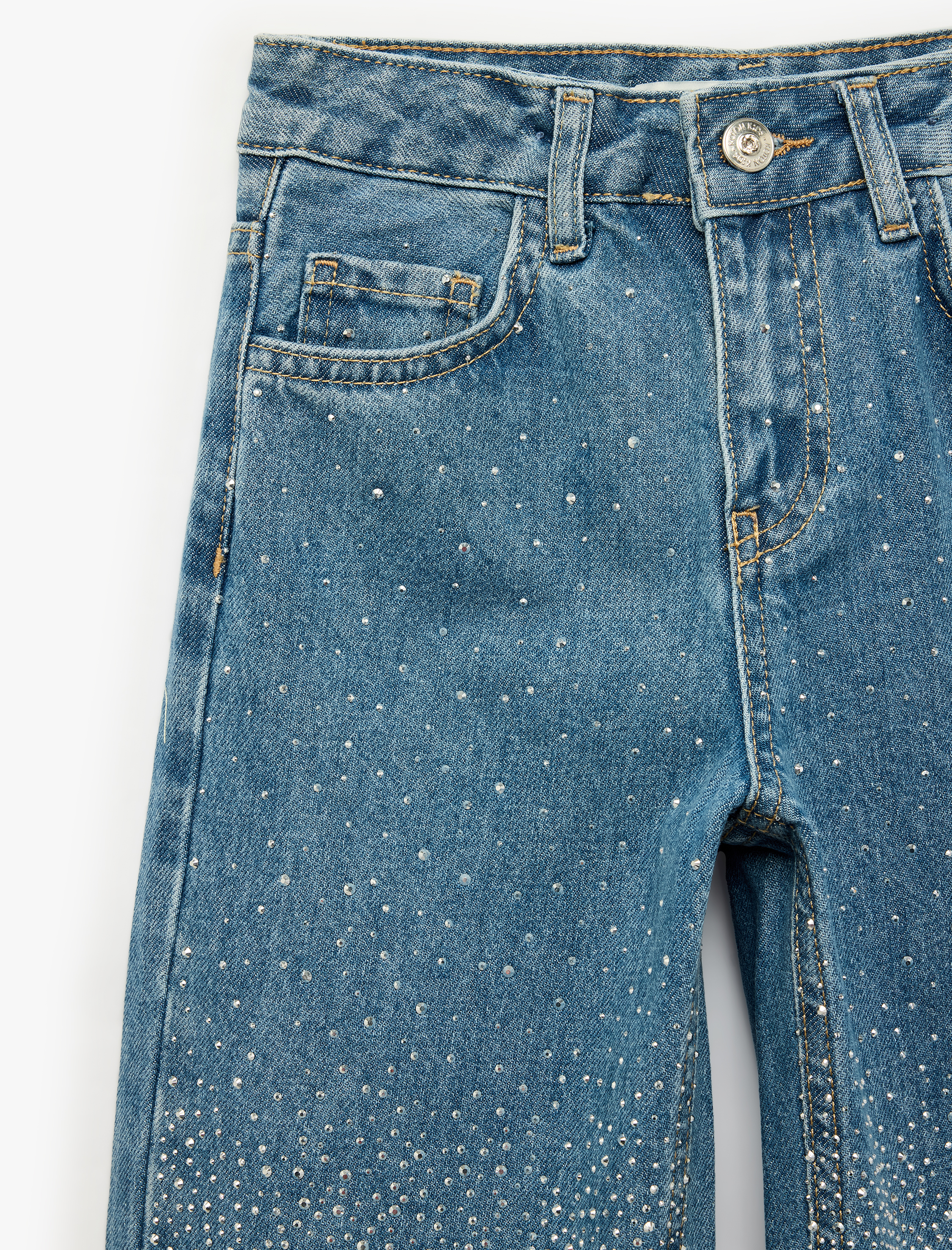  Kız Çocuk Pul Detaylı Pamuklu Geniş Paça Denim Pantolon