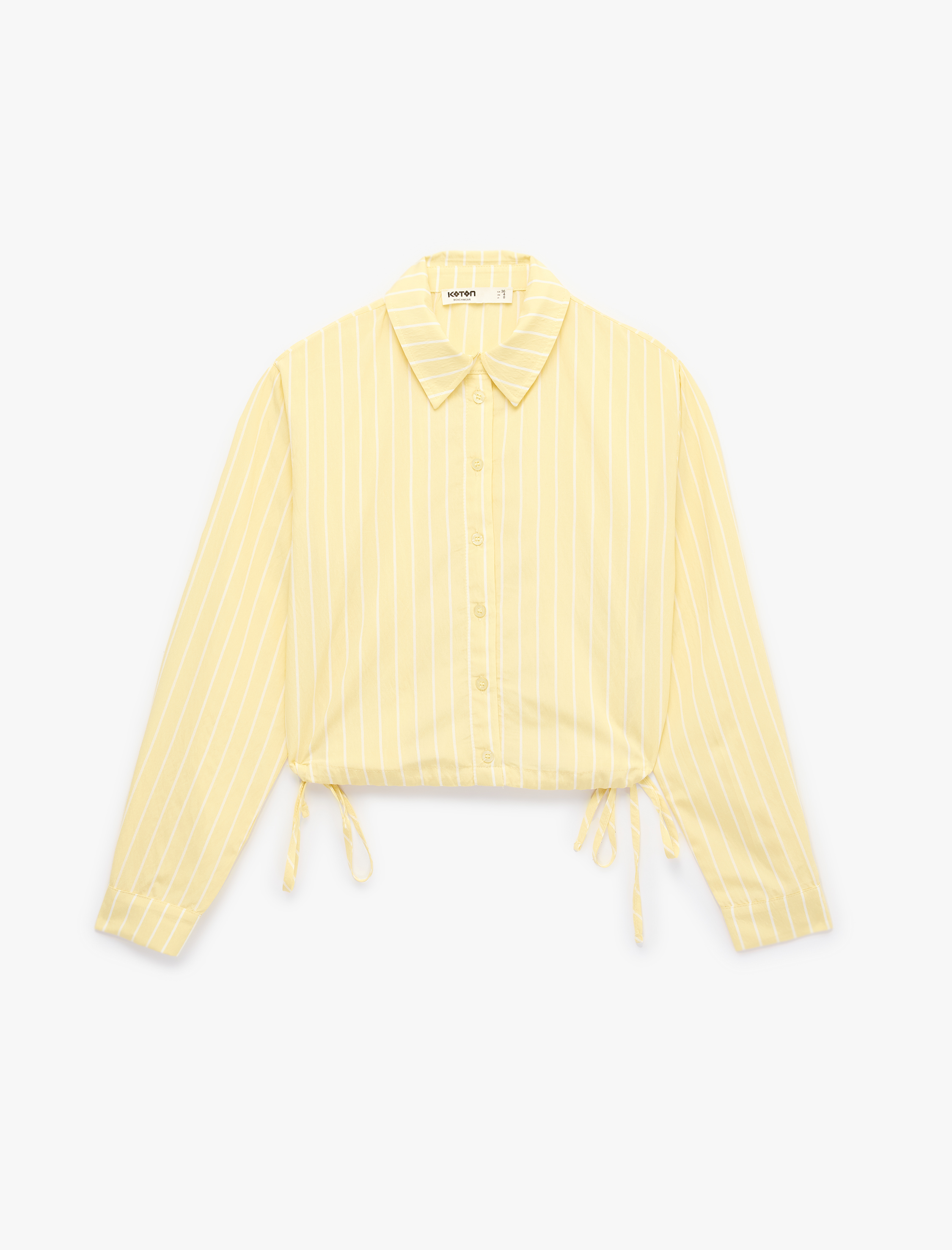   Koton X Sibil Çetinkaya - Uzun Kollu Büzgü Detaylı Çizgili Crop Gömlek