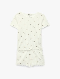 Baskılı Kısa Kollu Bisiklet Yaka Şortlu Pijama Takımı