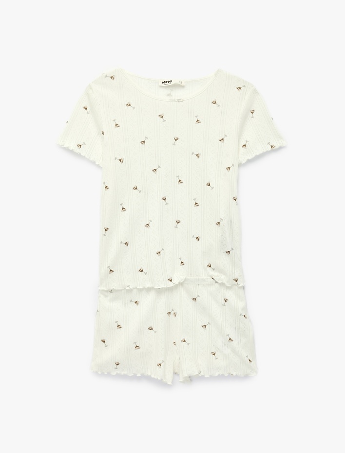 Baskılı Kısa Kollu Bisiklet Yaka Şortlu Pijama Takımı