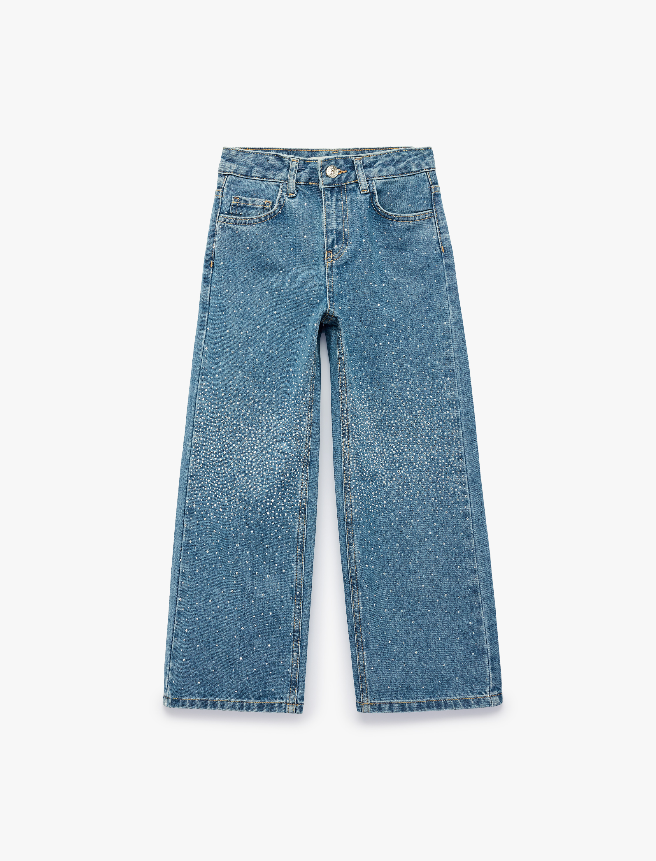  Kız Çocuk Pul Detaylı Pamuklu Geniş Paça Denim Pantolon